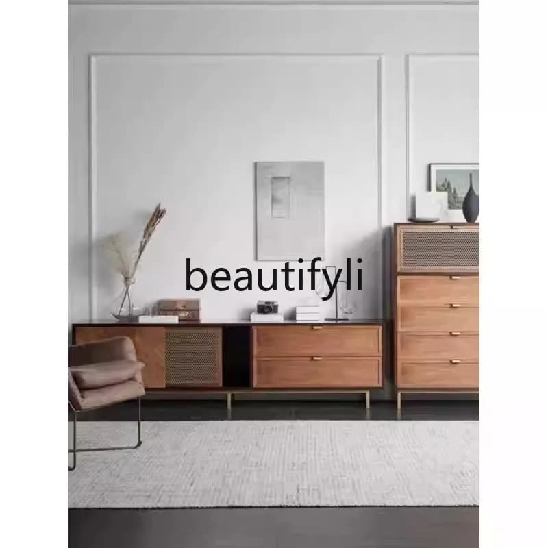 Solid wood retro TV cabinet Nordic small apartment living room wall cabinet medieval furniture