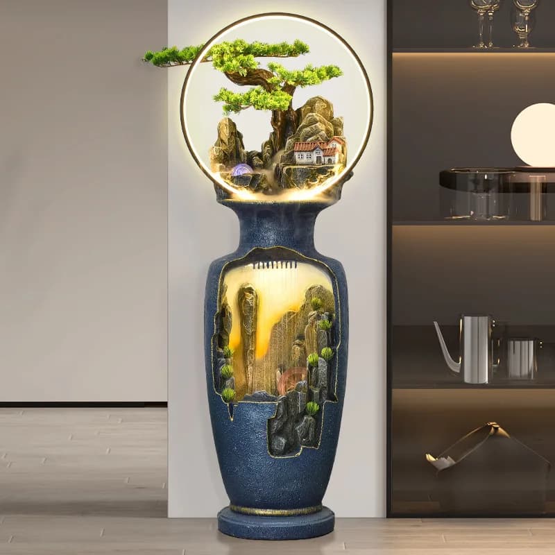 Feng Shui wheel living room entrance TV cabinet, next to the floor-to-ceiling water vase decorative ornament