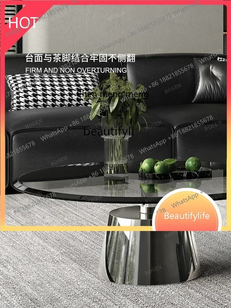 A  Stainless Steel Italian Minimalist round Tempered Glass Table Stainless Steel Personality Designer Model Small Coffee TableSS