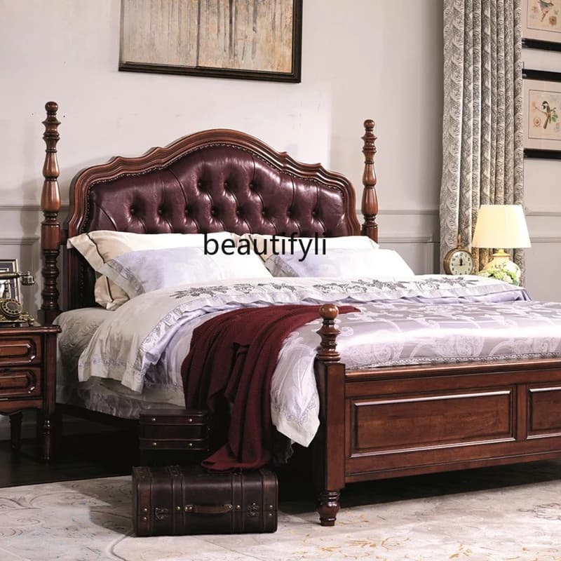Mahogany American solid wood bed double  master bedroom queen bed retro soft bag bed