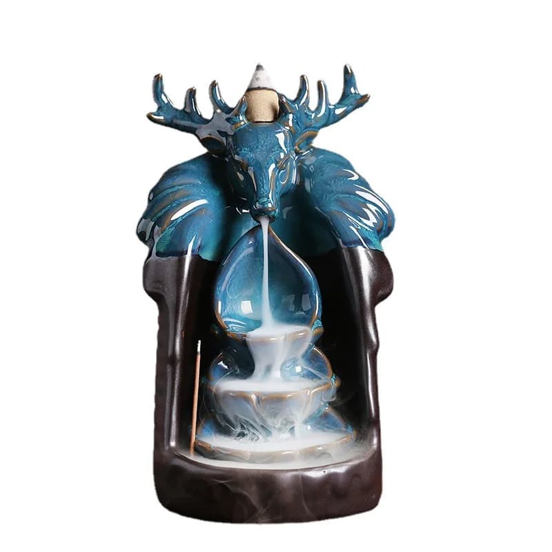 *qa Stag Head Backflow Incense Burner Ceramic Blue Modern Western Creative Home Decor Ornament#