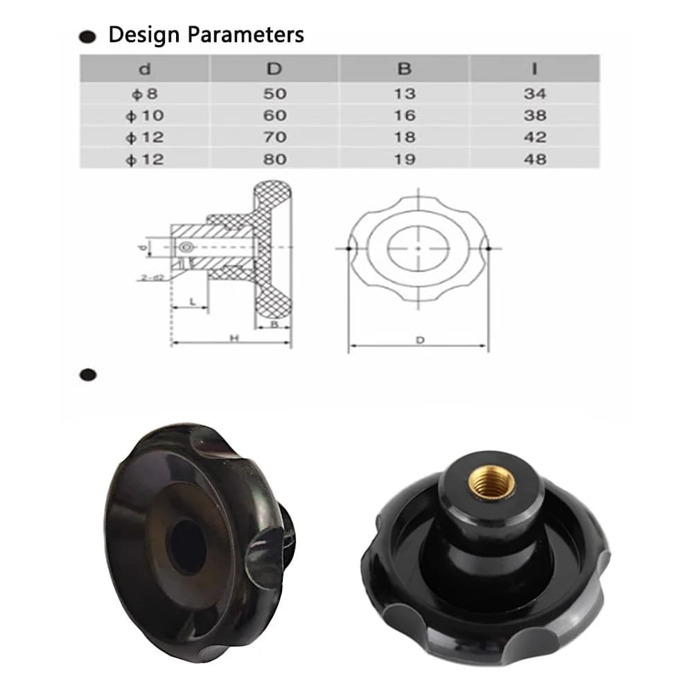 M8 M10 M12 Bakelite Corrugated Handle Mask Machine Convex Iron Handwheel Electric Wood Hexagonal Light Hole Corrugated Black 1Pc