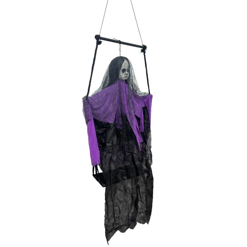 Halloween swing girl, purple female ghost ghost, hanging ghost, indoor and outdoor horror venue setup, escape room props