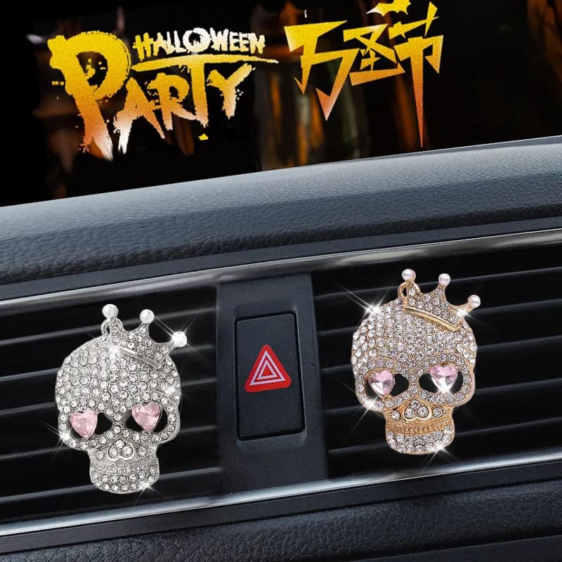 Halloween Skull Car Air Vent Perfume Clip, Rhinestone Bling Crystal Auto Interior Decoration Aromatherapy Diffuser Ornament