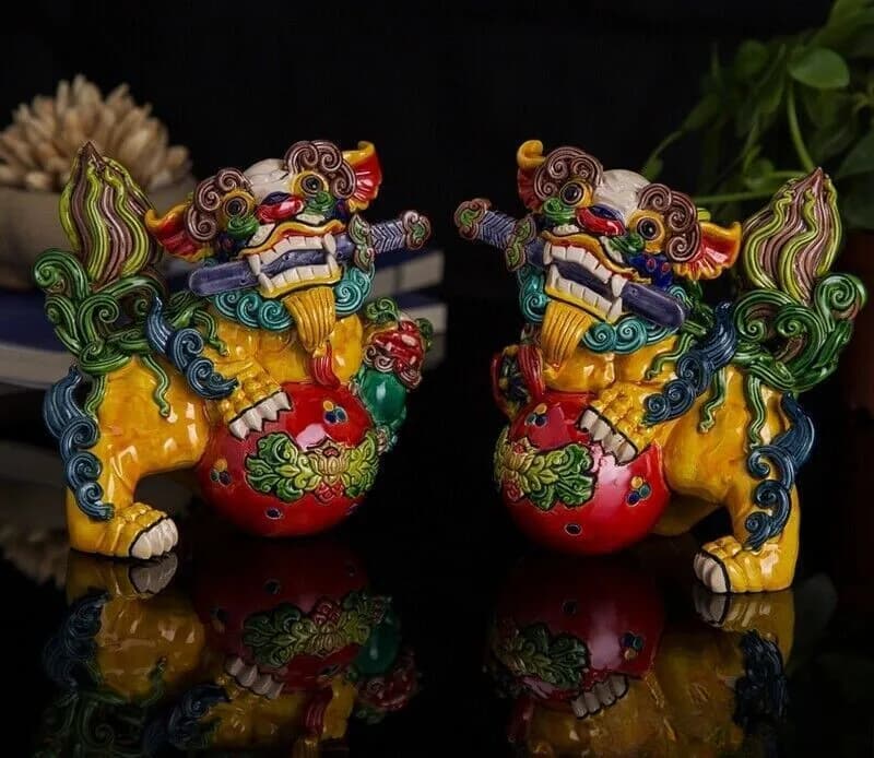 Pair Porcelain Guardian Foo Fu Dog Lion Statue Chinese Feng Shui Home Decor
