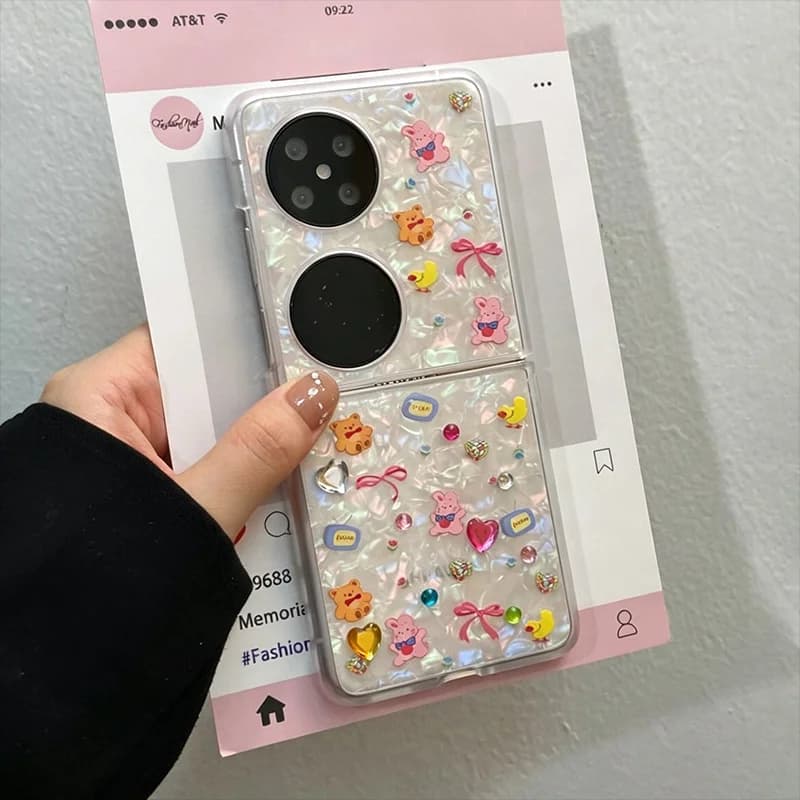 For Samsung Z Flip 8 7 6 5 4 Case Xiaomi Mix Flip / Huawei P50 Pocket Cases Cute Animal Pattern Cover With Kawaii DIY Stickers