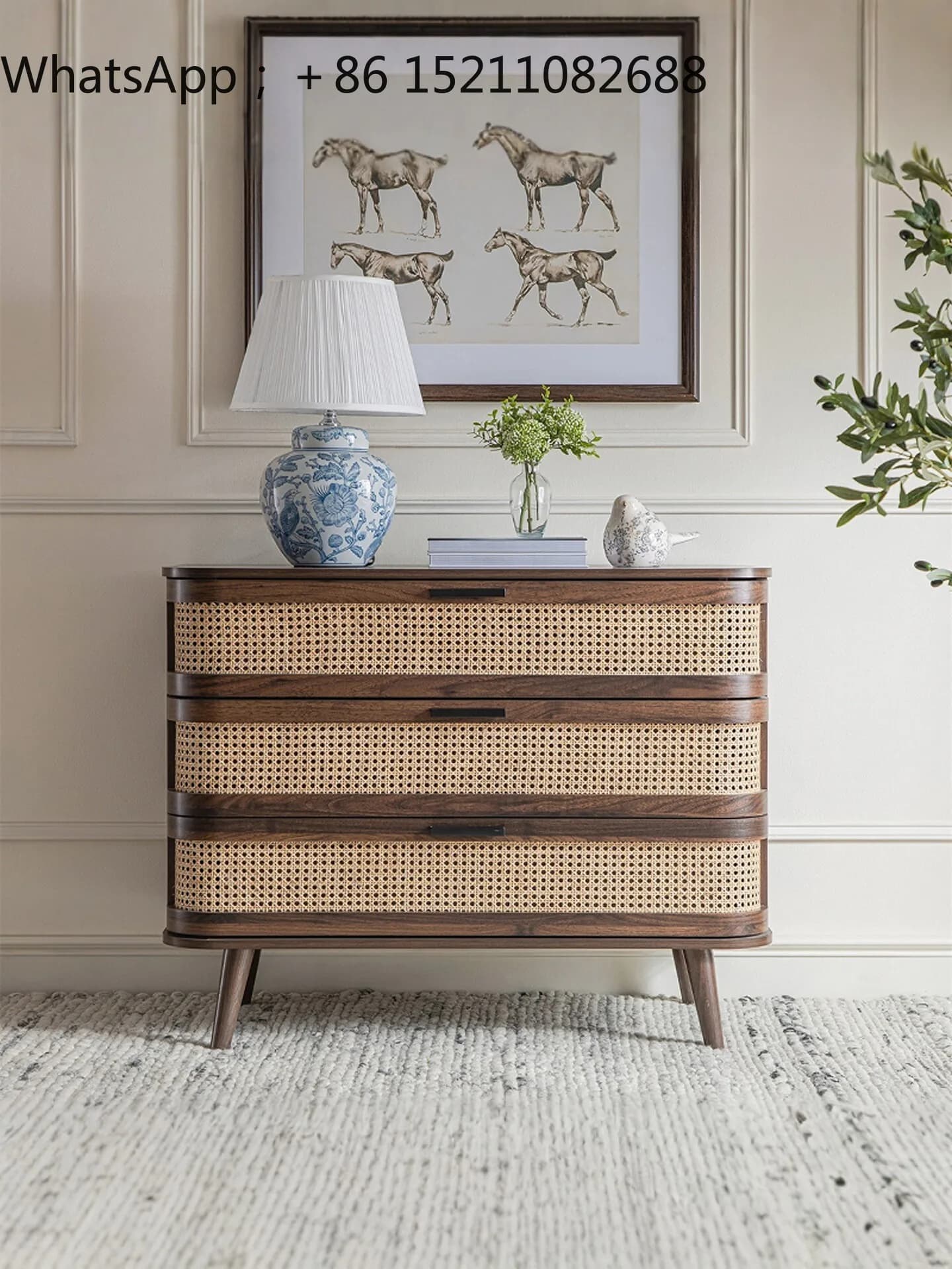 LLY medieval solid wood rattan three-bucket cabinet walnut bedroom bedside cabinet retro home storage drawer cabinet