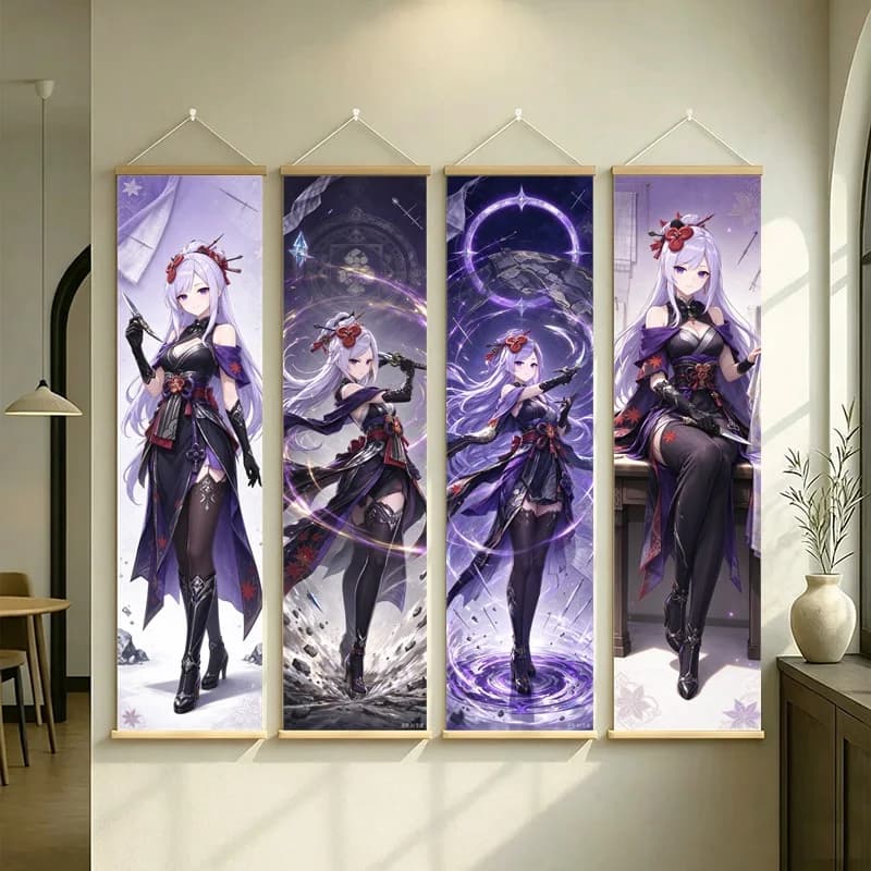 Hanging Scroll Wall Art of Genshin Impact Chiori in a Violet Fantasy Outfit on Silver Shimmer Canvas for an Anime Bedroom