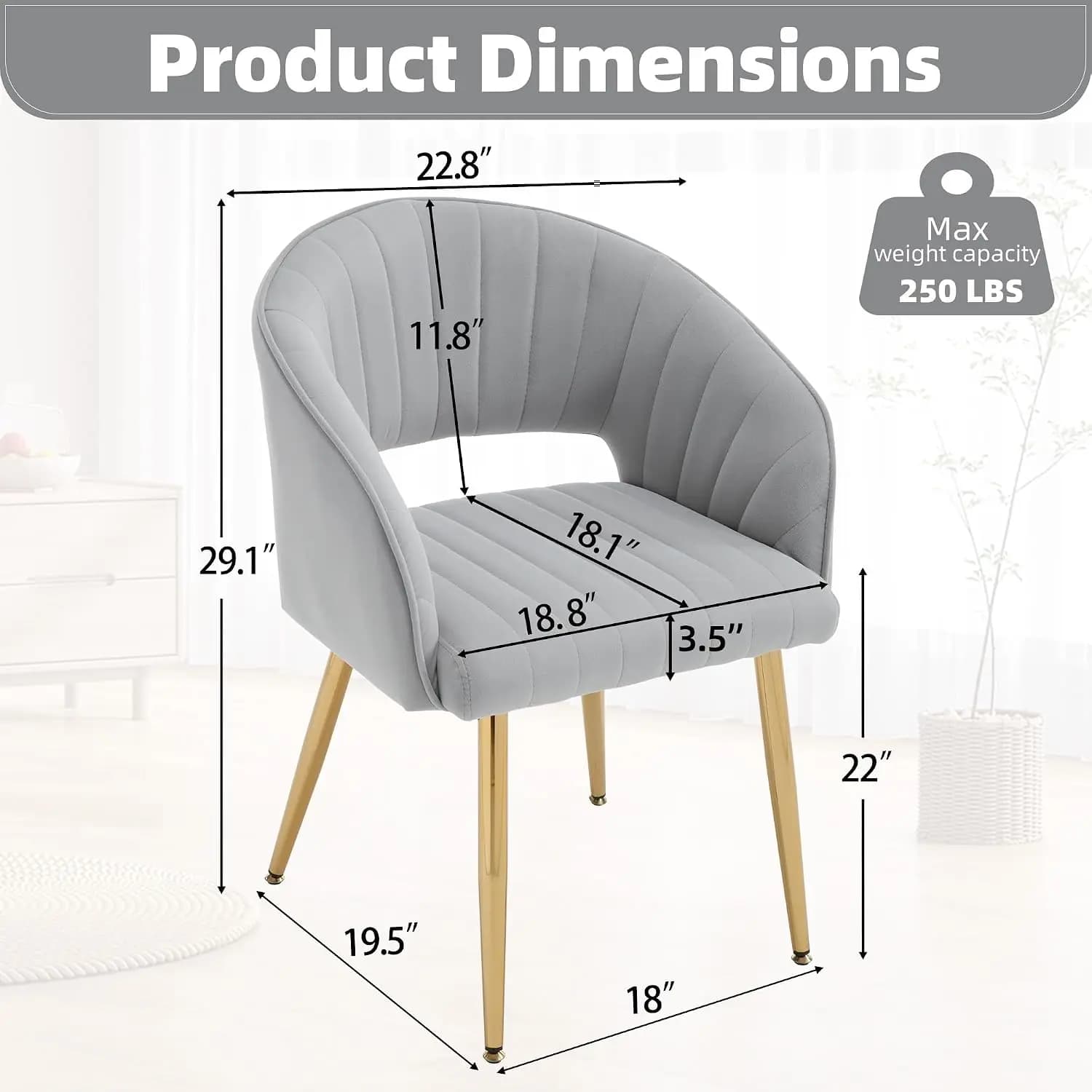 Velvet Home Office Desk Vanity Chair, No Wheels, Gold Legs, Grey