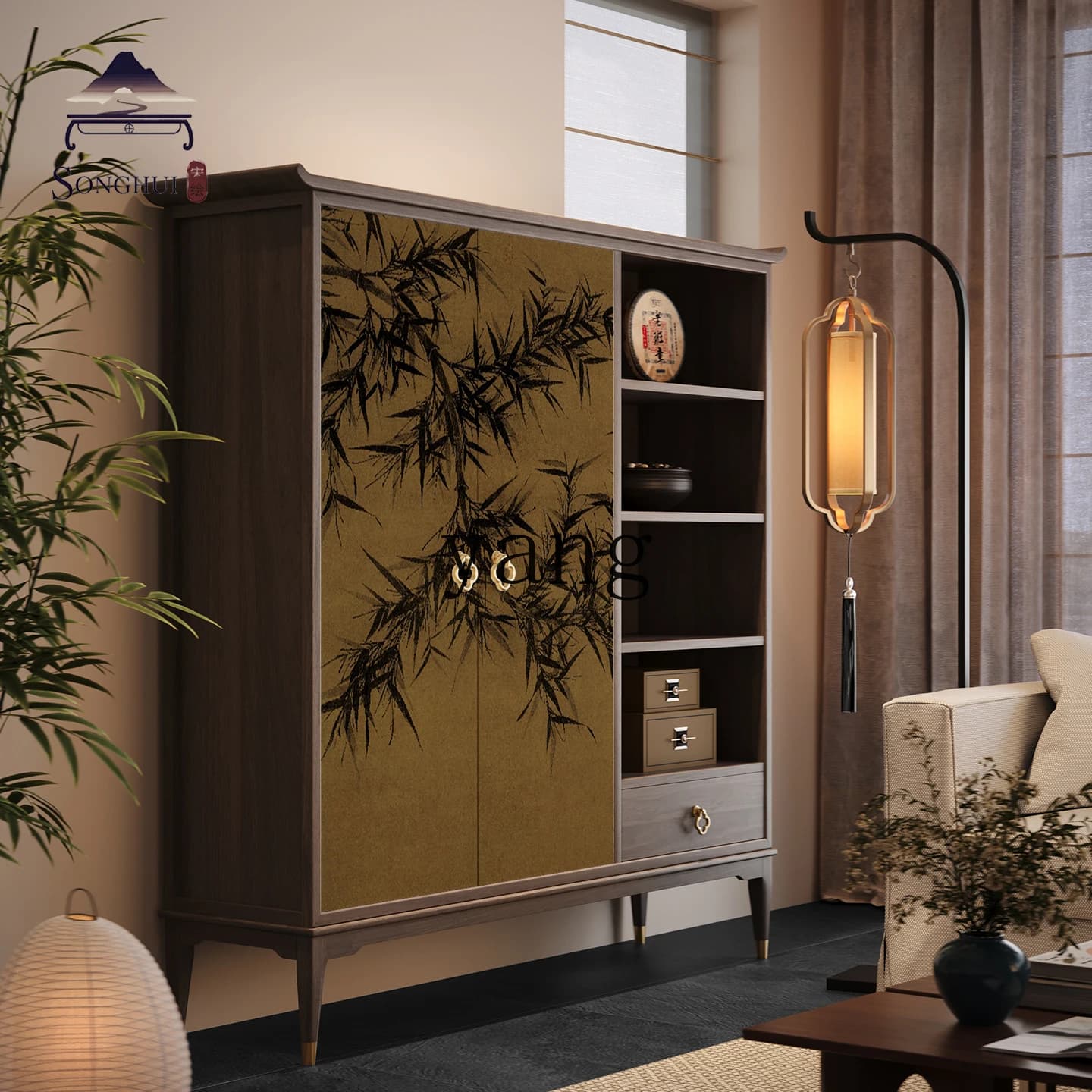LMM new Chinese pure living room integrated wall tea storage cabinet Song Dynasty aesthetic side cabinet