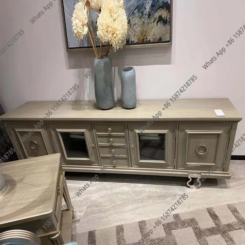X30 Modern Simple TV Cabinet American Antique Old Champagne Solid Wood Engraved Metal Foot TV Cabinet