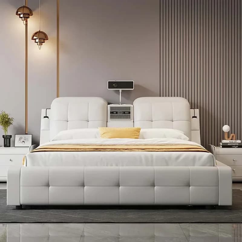Usb Charge Projector Double Bed Luxury Modern Leather Storage Bedroom Bed Massage Wood Literas Multifuncional Furniture Home