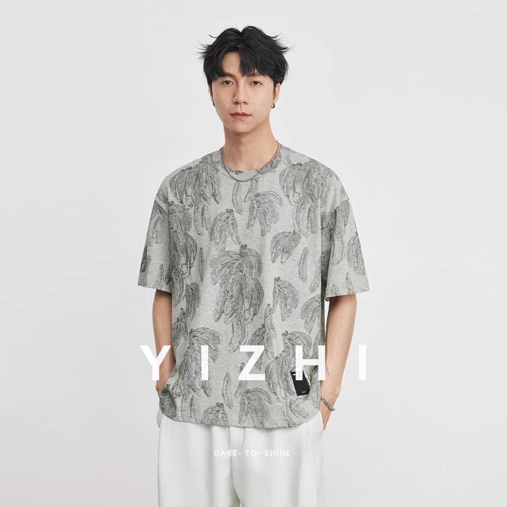 Men's Vintage Pure Cotton Banana Print Crew Neck Short Sleeve T-Shirt 2026 Summer New Design Versatile Casual Tee