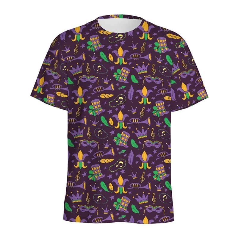 Fashion Mardi Gras Pattern T-shirt for Men 3D Printed Carnival Party Round Neck Tee Shirt Tops Short Sleeves Loose T Shirts