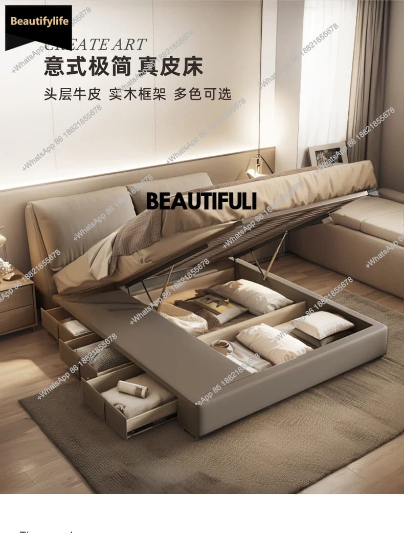 D80 Leather Storage Double Bed Drawers Luxury Wood Multifunctional Queen Double Bed Modern White Letto Matrimoniale Home Furnitu