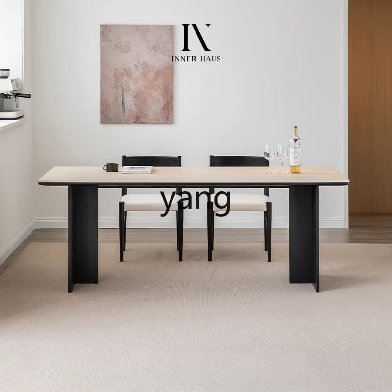 LMMminimalist travertine rock slab household small apartment dining table black retro solid wood medium ancient style workbench