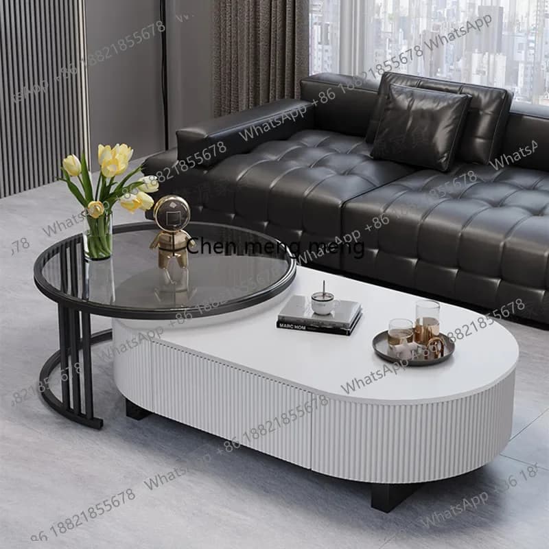 RR Oval Nesting Coffee Table Set Of 2 With Drawer Storage Modern Coffee Table With Marble Texture Top For Living Room Center Tab