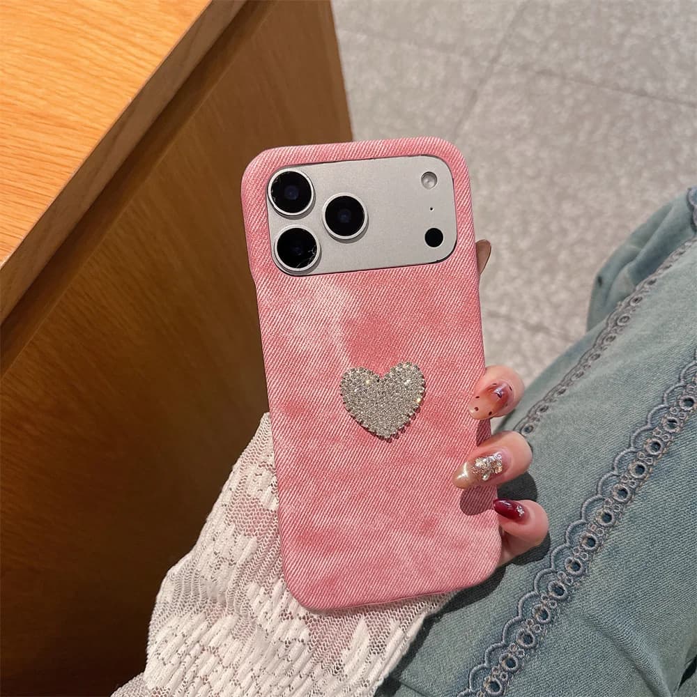 Y2K Luxury Sparkle 3D Rhinestone Heart Phone Case for iPhone 17 Pro Max Vintage Jeans Denim Fabric Cover for iPhone 16 15 14 13