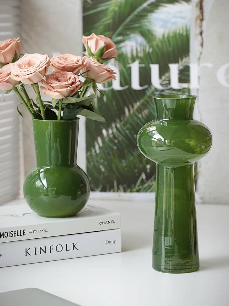 AhunderJiaz Nordic Style Green Glass Flower Vase Desktop Living Room Coffee Table Decorative Ornaments Home Decor