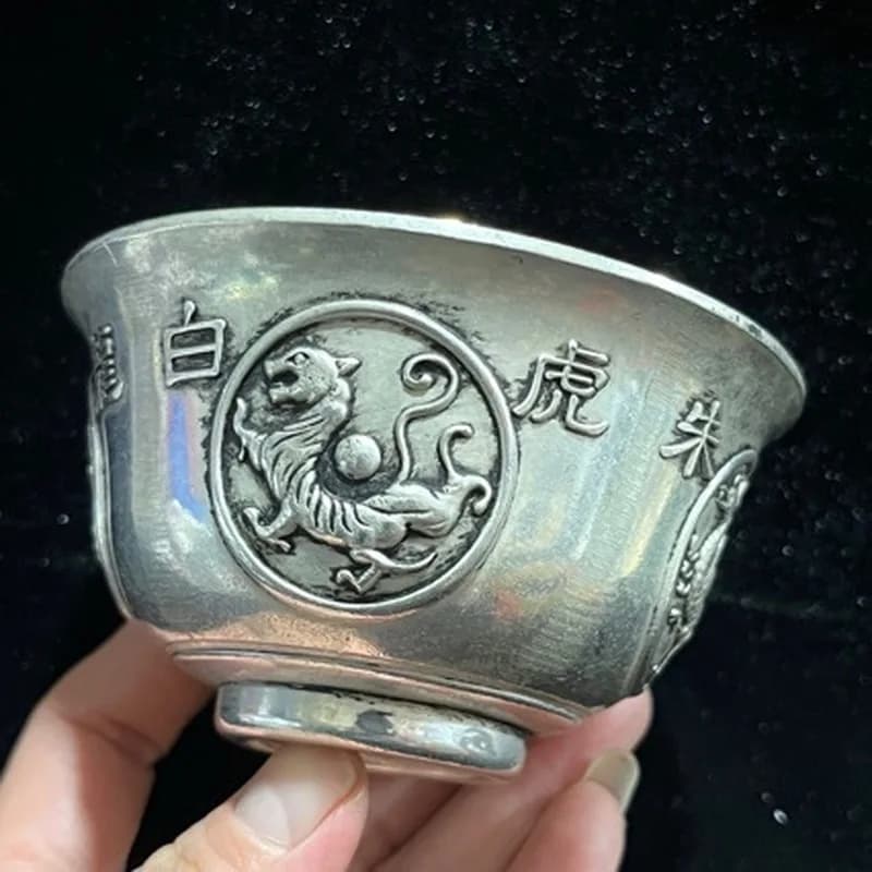 Four mythical creatures craftware: cup, tea set, silver-plated copper gaiwan, collectible ornaments, gift