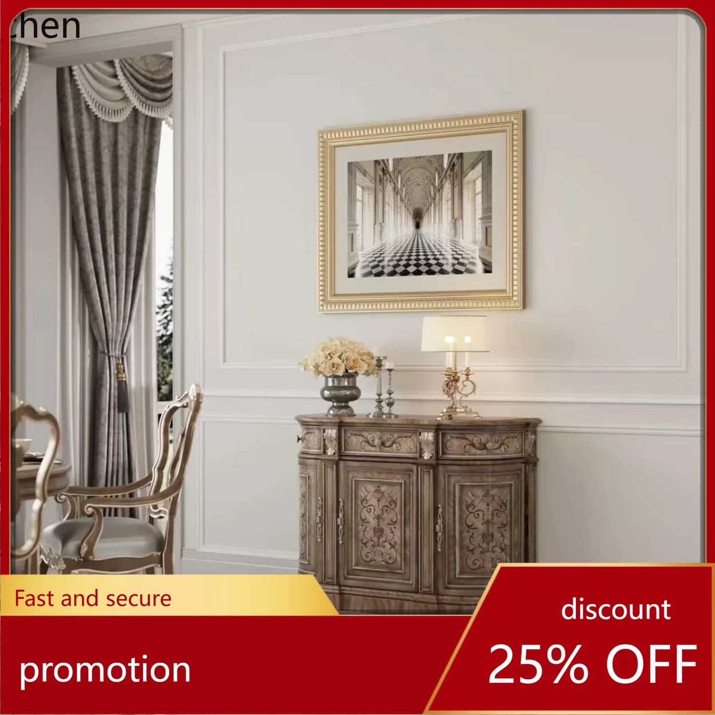 CZ Solid Wood Hallway Sideboard Cabinet Living Room Wall Storage Cabinet Vintage Carved Entrance Cabinet