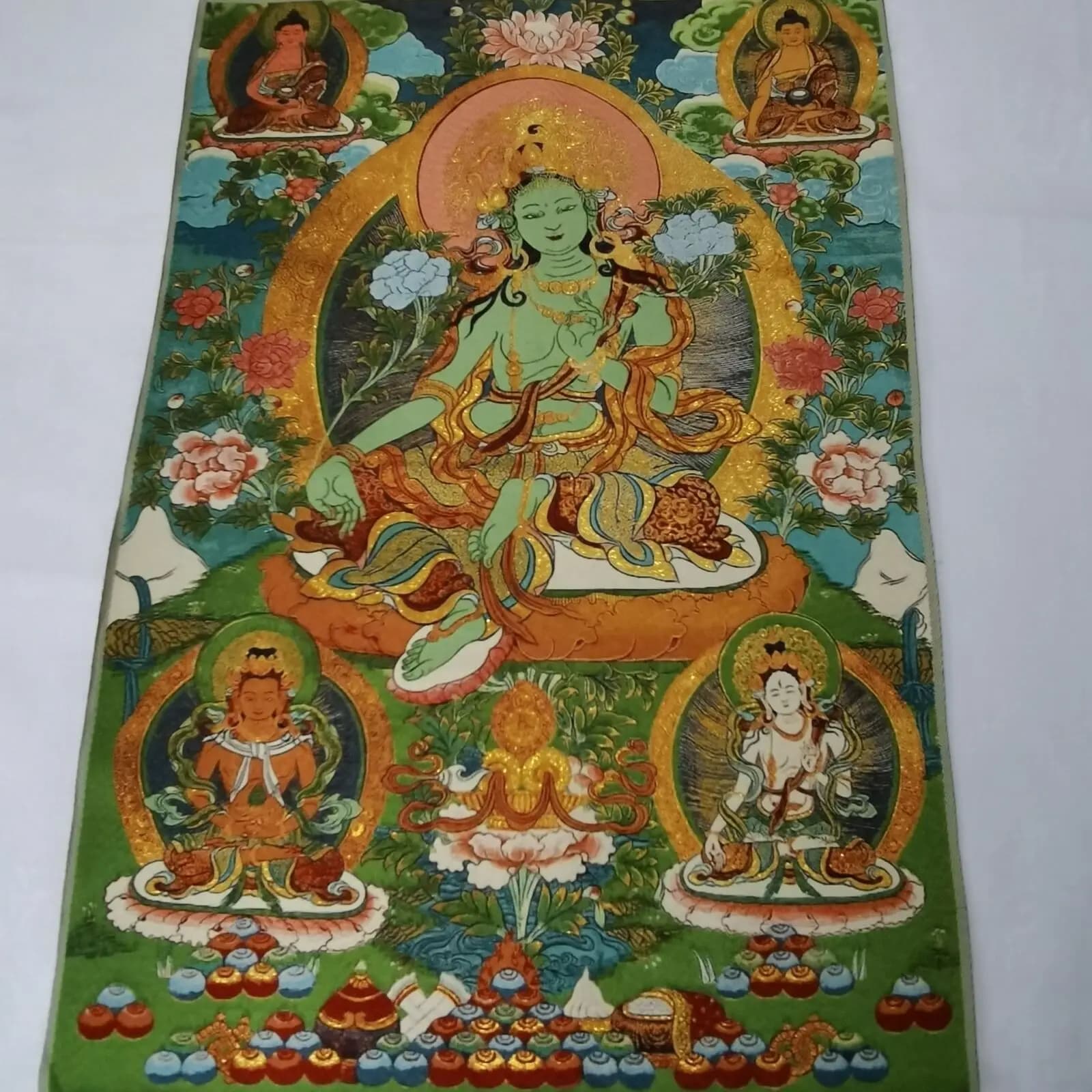 36" Tibet Cloth Silk Buddhism Green Tara Guanyin Tangka Fine Mural Home Buddhist Hall Wall Decoration Painting