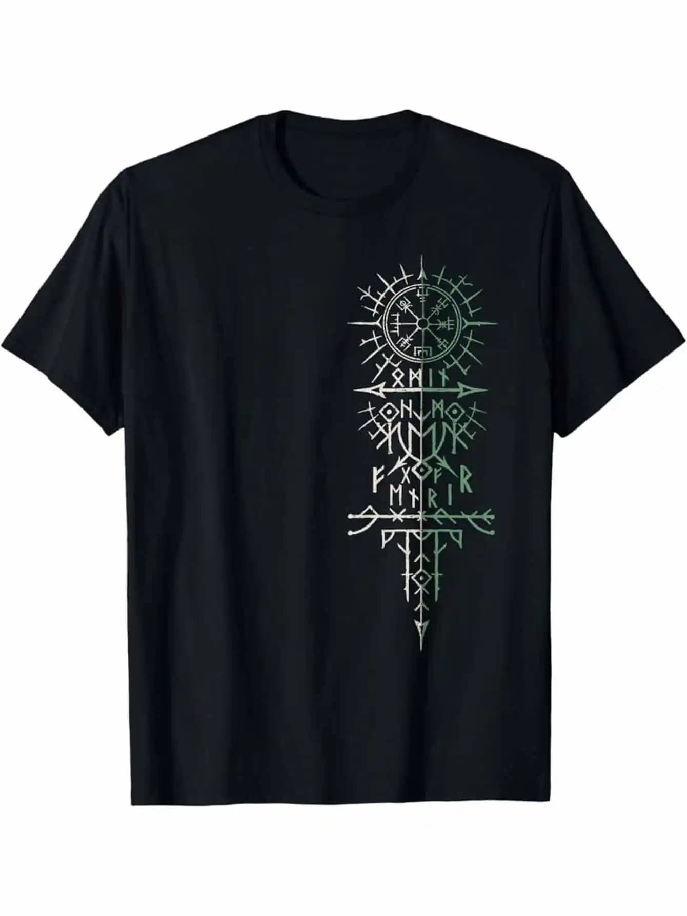 Norse Mythology Valhalla Odin Fenrir Rune Graphic T-Shirt 100% Cotton O-Neck Short Sleeve Summer Casual Mens T-shirt