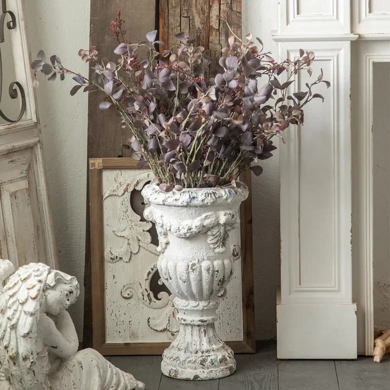 Decorative White Urn Planter Pot, Vase with Aged Patina Finish, Antique Style, Chic Style, Made in Magnesia