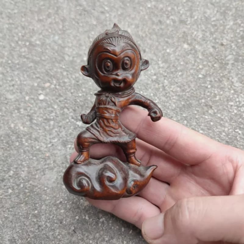 Vintage Art Chinese Wooden Statue Lovely Woodwork Cute Monkey King Carved Gift