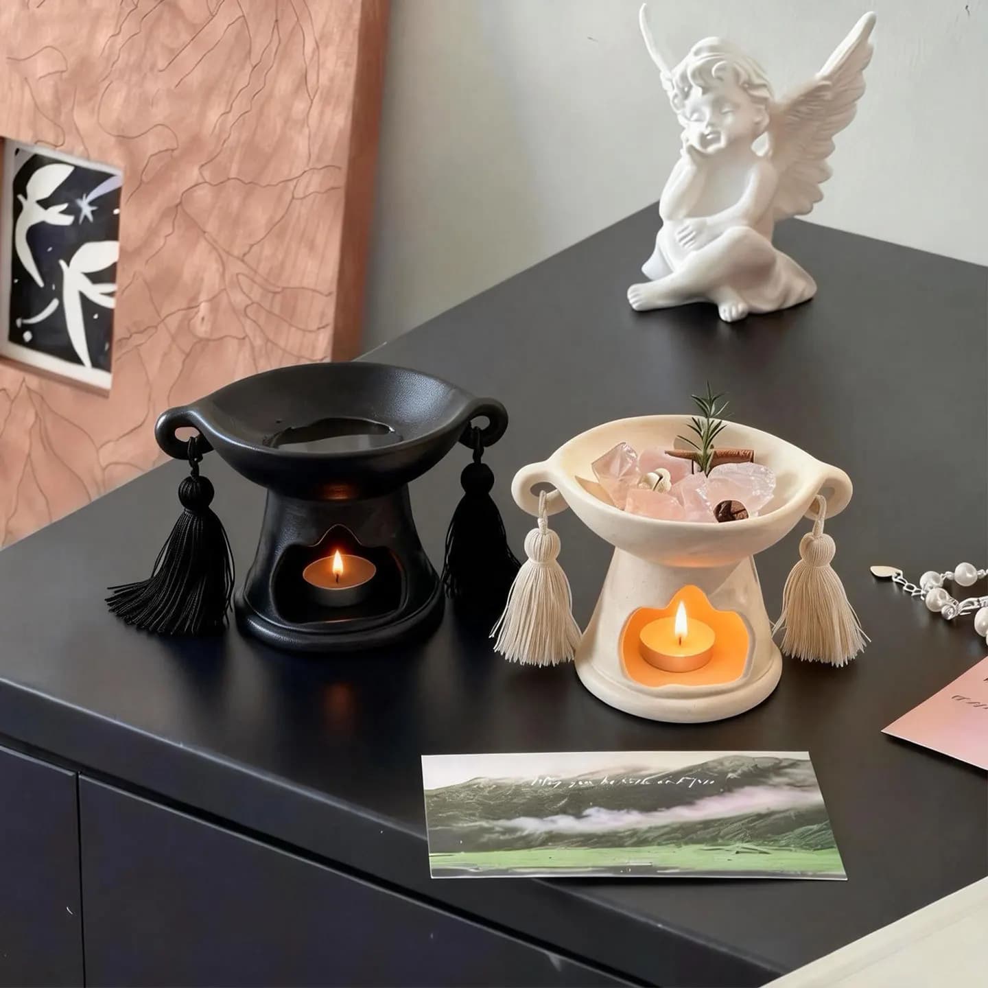 2 in 1 Handmade Essential Oil Stove Ceramic Candle Heating Holder Bedroom Nightlight Prevent Dry Burning Yoga Spa Incense Burner