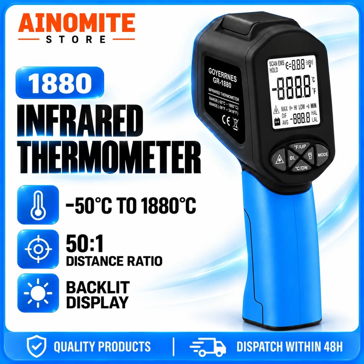 Infrared Thermometer 50:1 -58°F to 3416°F Non-Contact Digital Temperature Gun for Industrial Furnaces, Kilns and BBQ Grills