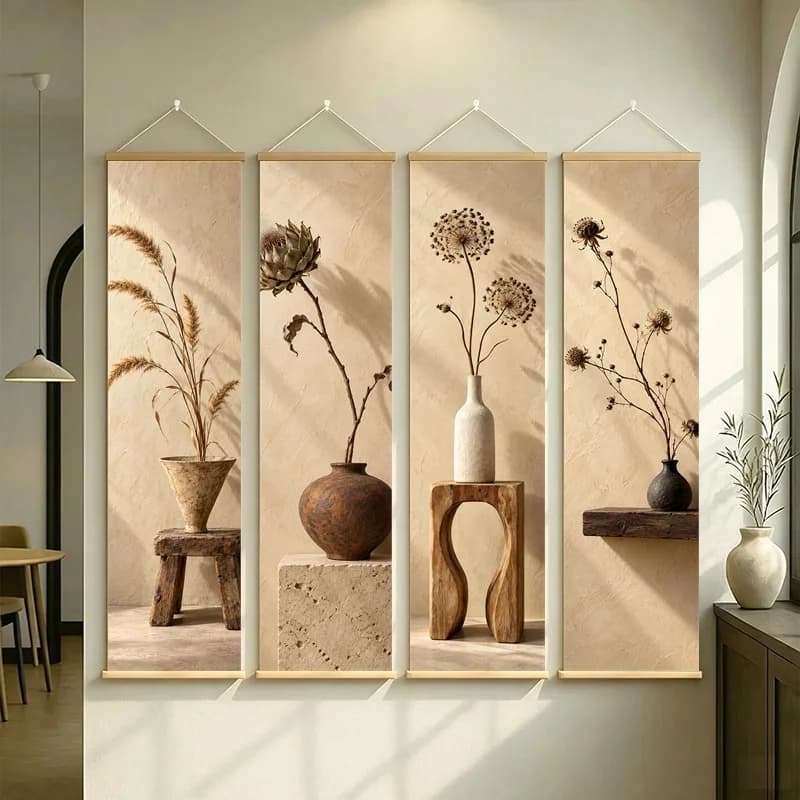 Wall Art Dried Artichoke and Allium Pod, Calm Wabi-Sabi Silver Shimmer Canvas Hanging Scroll for Peaceful Boutique Hotel