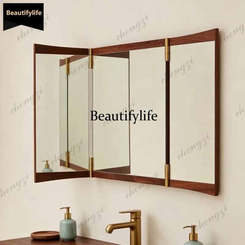 D80 medieval hanging triple folding bathroom mirror adjustable multi-angle makeup mirror solid wood frame mirror