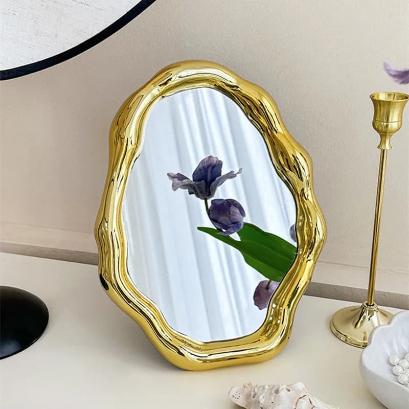 CuteLife Vintage Plastic Gold Decorative Mirrors Large Irregular Desktop Makeup Mirror Dressing Cosmetic Standing Hand Mirror