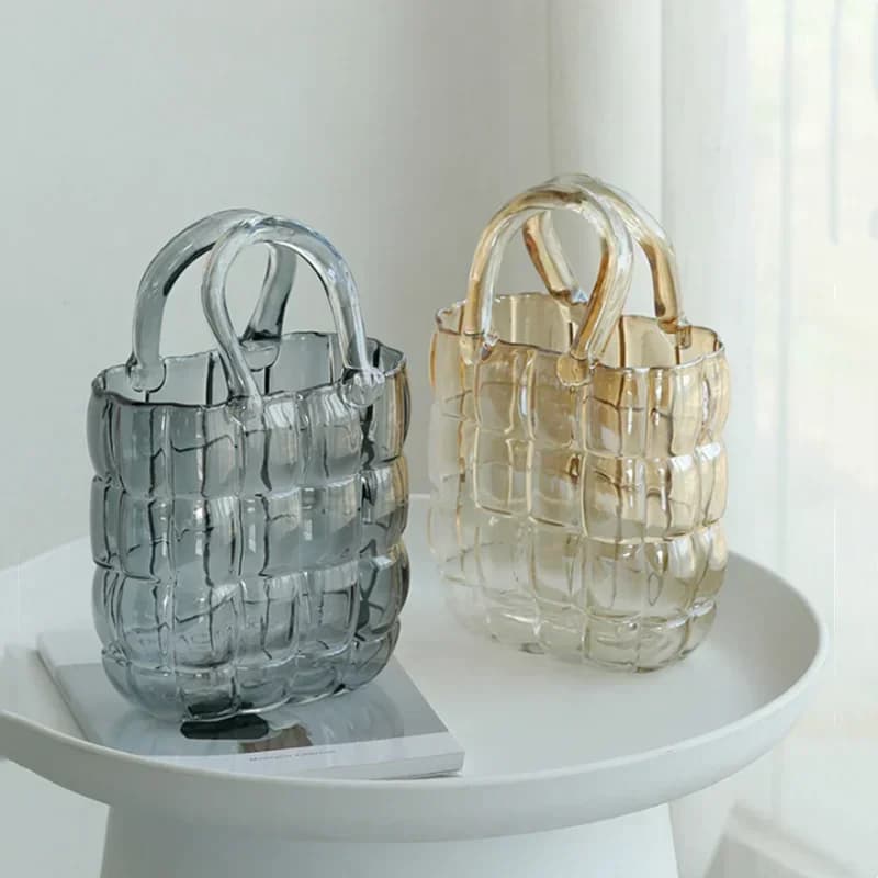 Clear Glass Vase Bag Handbag Basket Transparent Terrarium Flower Vase Floral Arrangement Accessories Living Room Decoration