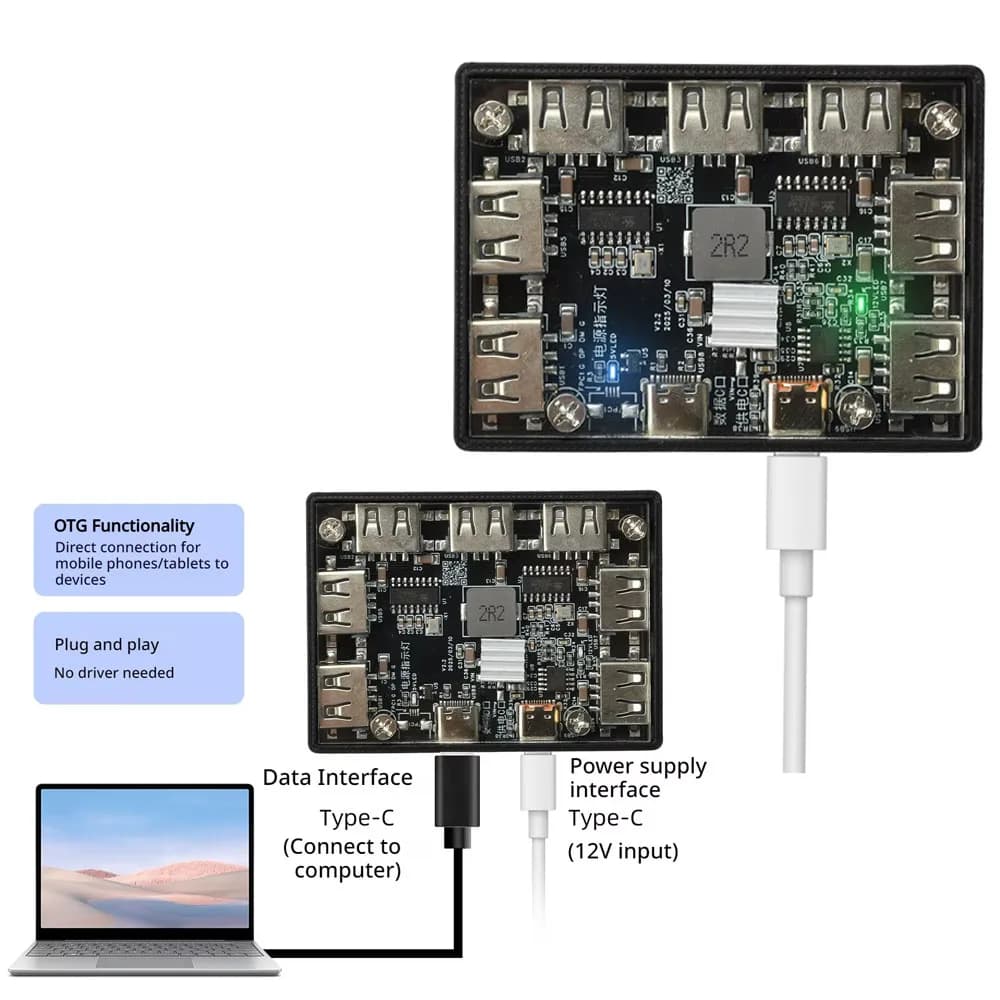 Splitter Hub Module 40W 1 to 7 Port USB2.0 Hub Type-C Powered Expansion Module QC PD 12V Trigger Decoy Overheat Protection