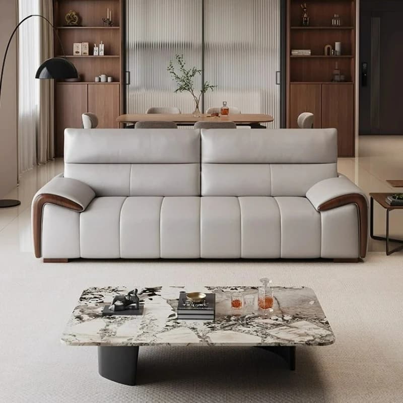 lt Italian leather sofa small apartment living room first layer cowhide straight row solid wood sofa