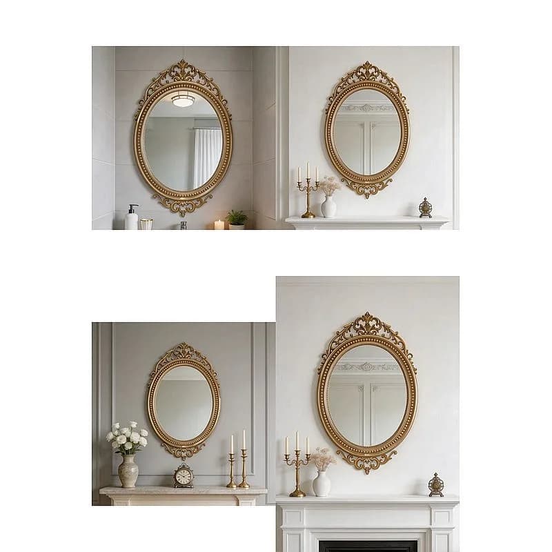 European Retro Oval Wall Mounted Vanity Mirror Romantic Carved Bathroom Decorative Makeup Mirror