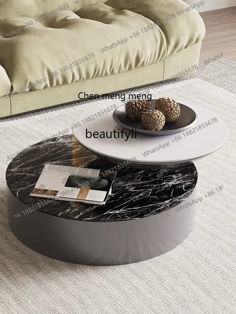 D178 Y zq Modern Stone Plate Coffee Table Italian Living Room round Tea Table Small Apartment Rotating Metal Tea Table