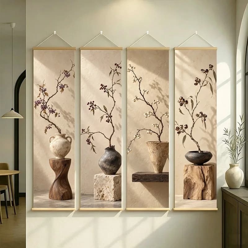 Wall Art Eucalyptus Pod and Hypericum Berry, Calm Wabi-Sabi Silver Shimmer Canvas Hanging Scroll for Peaceful Yoga Studio