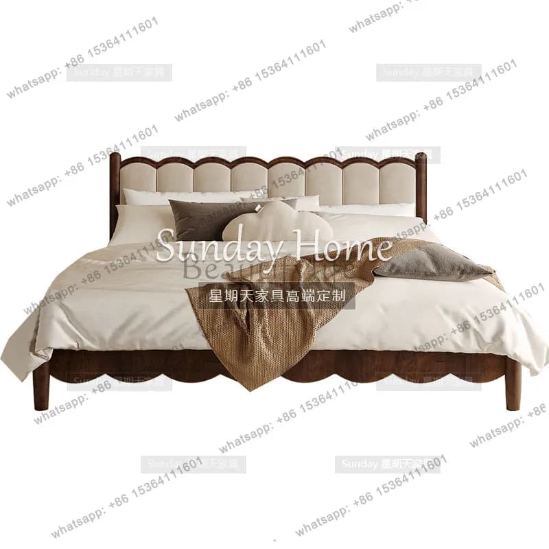 French Cream Wind Retro Double Bed Modern ins Wind Wave 1.8m Solid Wood Bed