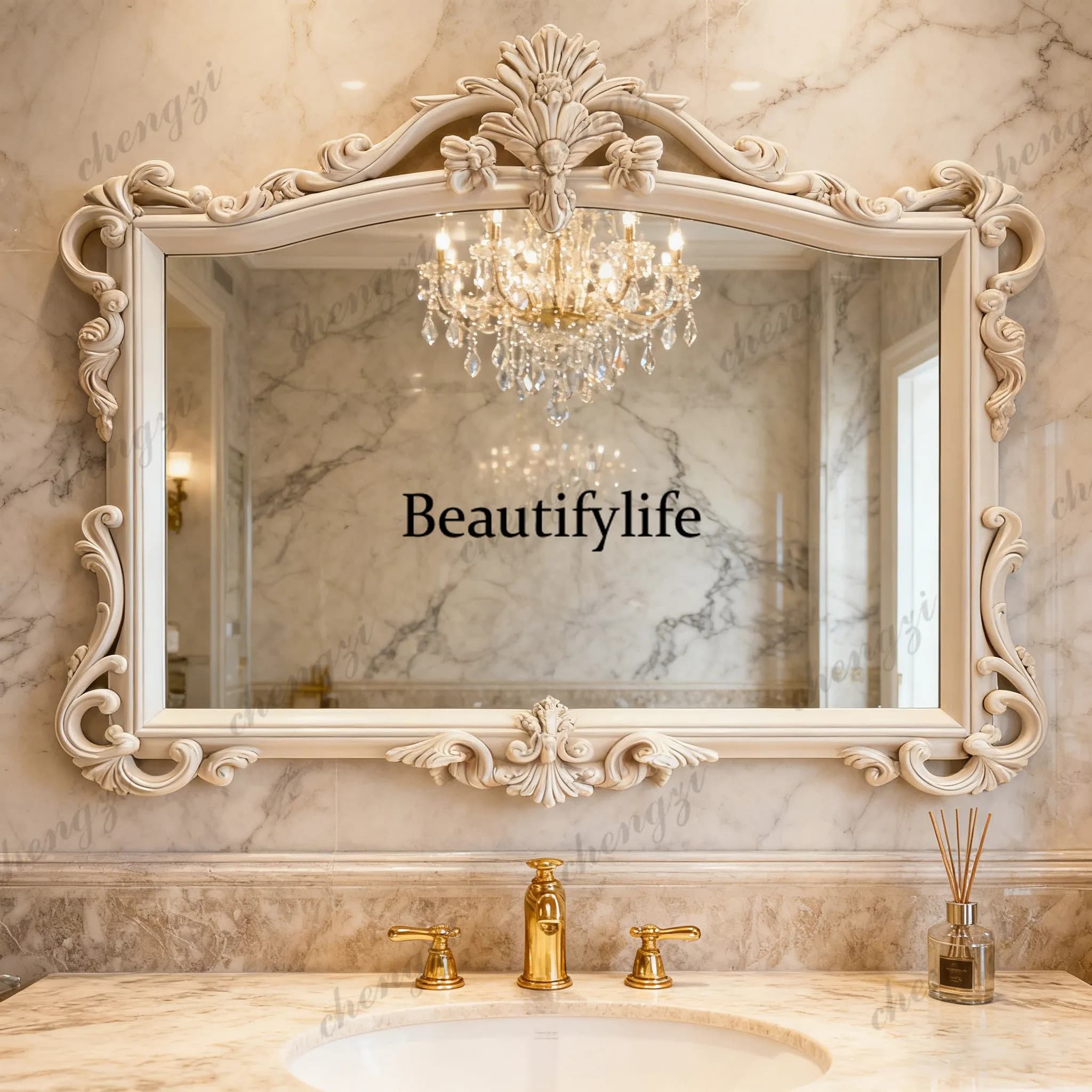 European luxury wall-mounted bathroom mirror high-end antique white wall decorative mirror French retro