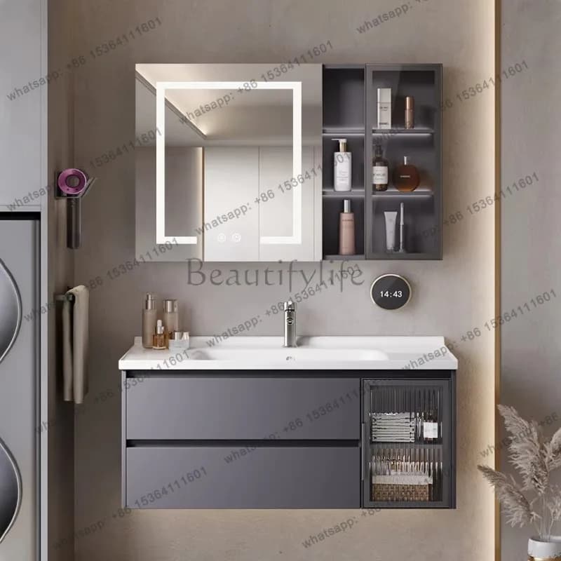 YJ Mirror Lighting Bathroom Cabinet Storage Hotel Luxury Toilet Bathroom Cabinet Vanity Washroom Armoire Salle De Bain Furniture
