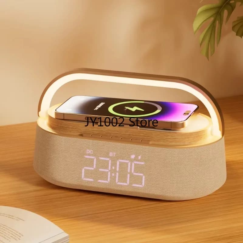 Modern Wake-up Center Electronic Alarm Clock with Wireless Charger BT Speaker Ambient Light FM Radio Phone Dock