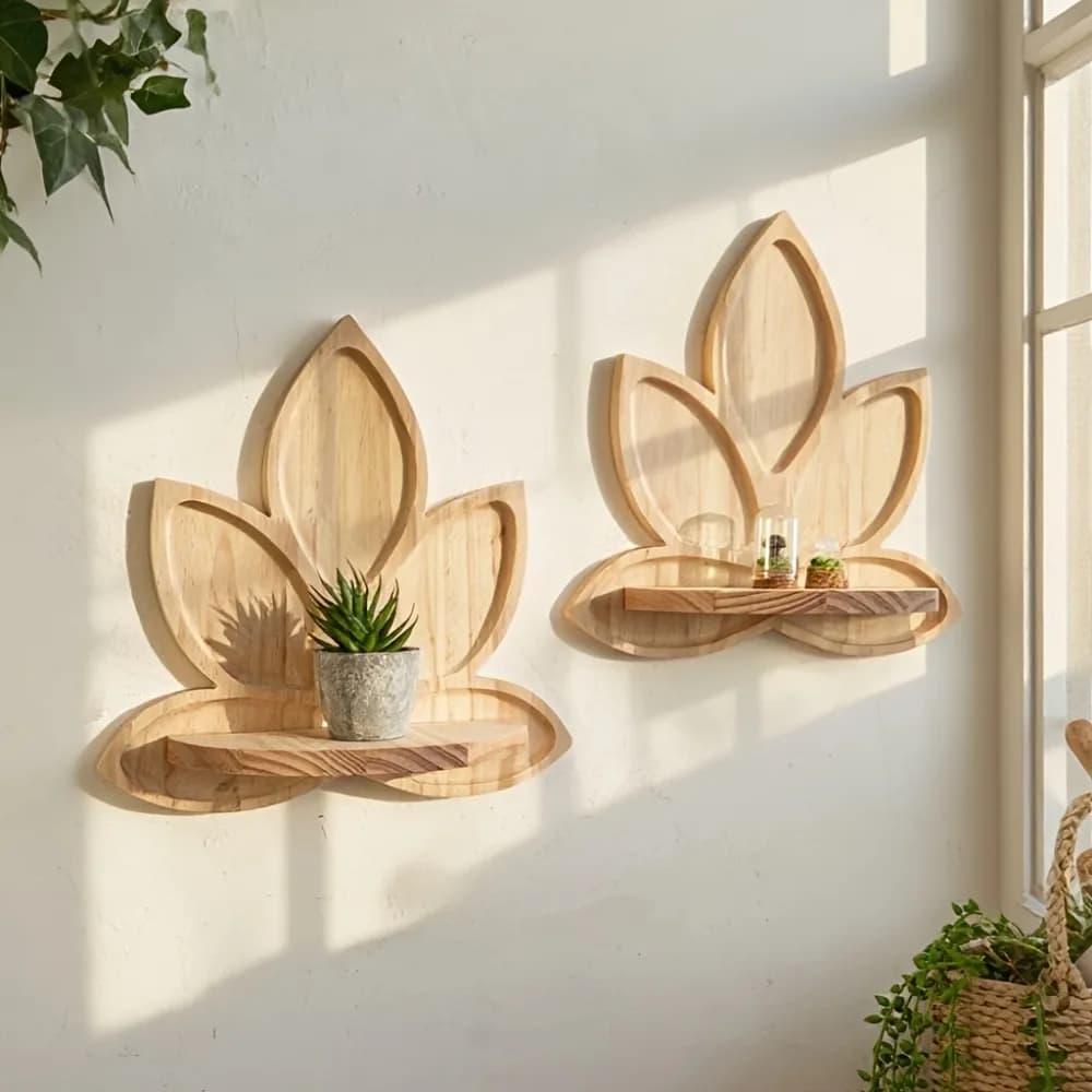 Wooden Lotus Flower Wall Shelves Geometric Wall Mounted Shelves Natural Wood Finish, Modern Home Decor Plant Decorative dropship