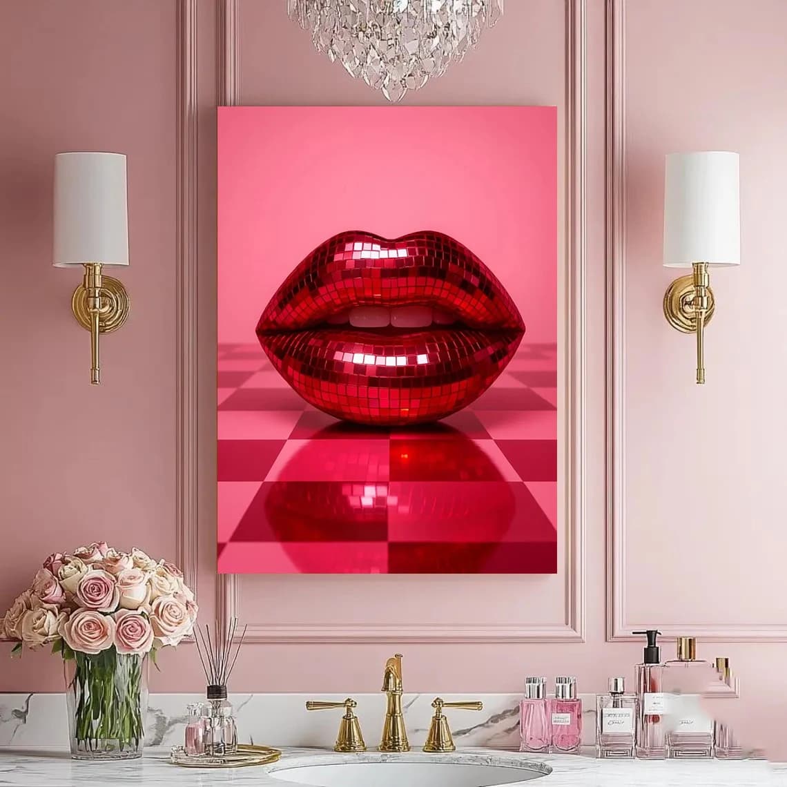 Disco Lips Wall Art Print, Retro Glam Poster Prints, Red Lips Disco Ball 70s Aesthetic Decor, Fashion Wall Art for Bedroom Decor