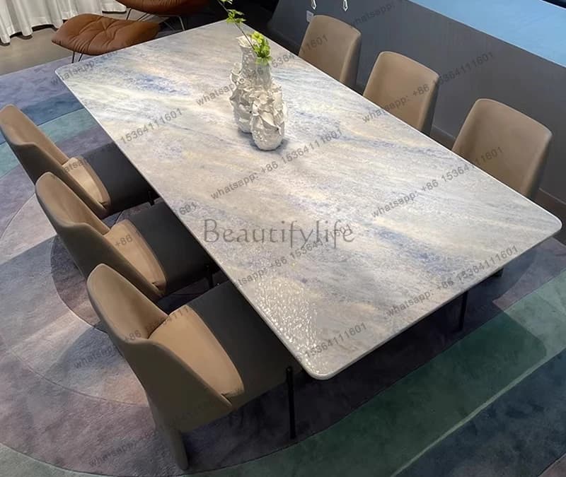 Imported blue crystal luxury stone rectangular natural marble dining table Italian light luxury