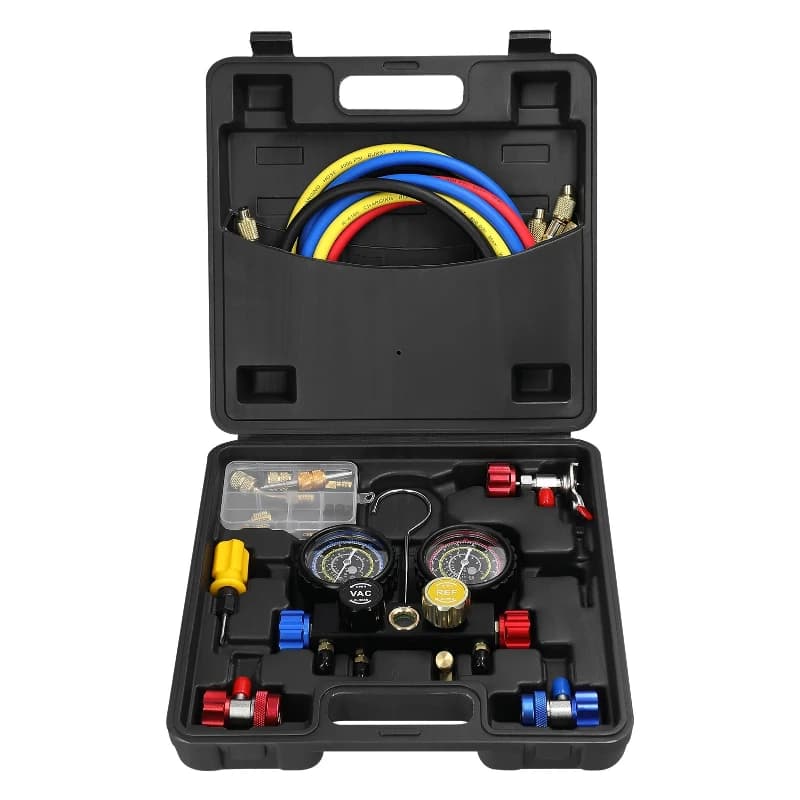 Manifold Gauge Set Air Conditioning Refrigerant Charging Tool 4-Way Dual-Value Pressure Gauge with 5ft Hose Brass Quick Coupler