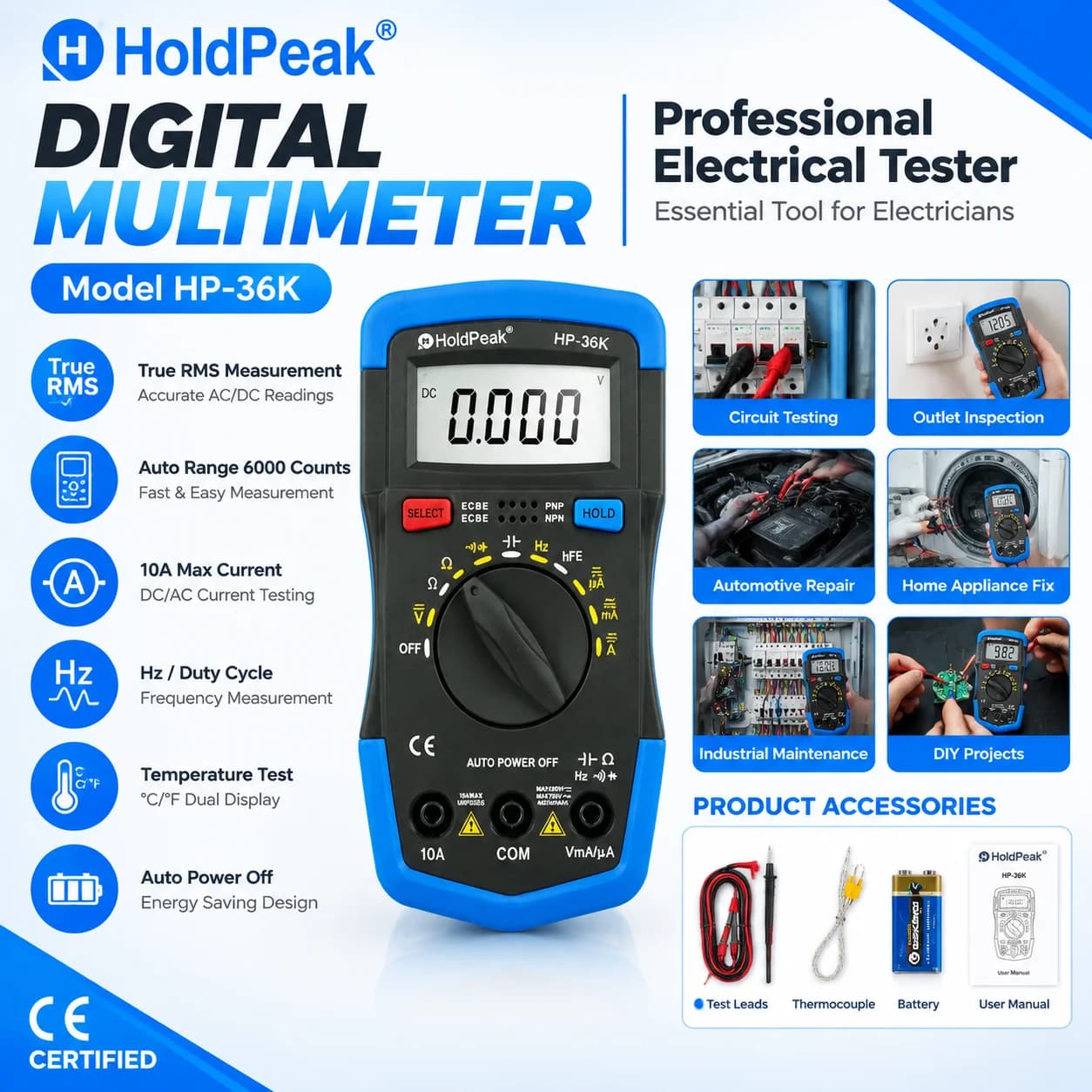HoldPeak 36K Digital Multimeter 4000 Counts True RMS Auto Range AC/DC Voltage Current Capacitance Temp hFE for Electrician