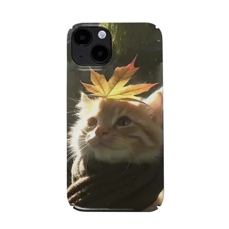 INS Yellow Maple Leaf Cat Phone Case for IPHONE 17 Air 16E 15 PROMAX 14 Plus 13 12 MINI 11 PRO 16Plus XR XS Acrylic Phone Cover